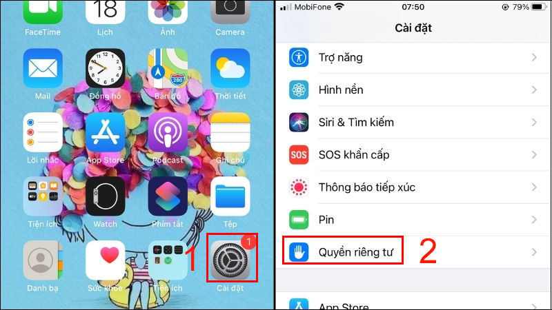 Truy cập vào Cài đặt và chọn Quyền riêng tư